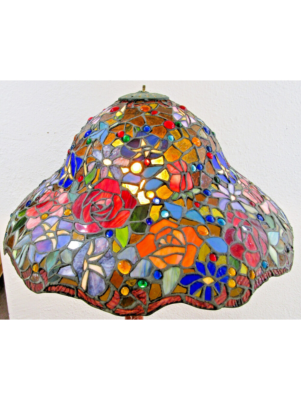 Vintage Tiffany Style 22" Stained Glass Roses Poppies Cabochons Bell Lampshade